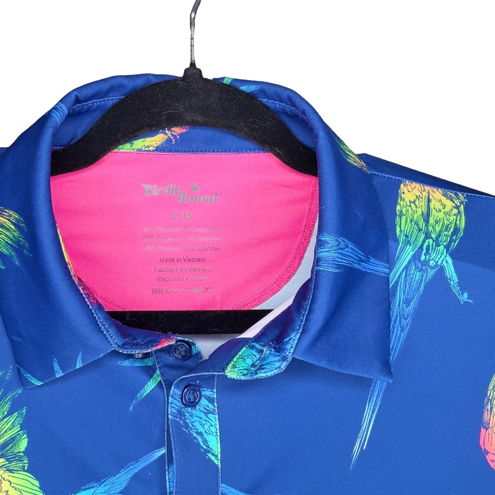 Birdie Bound Polo Shirt Blue‎ Men's L Tropical Parrot Print Golf Performance
